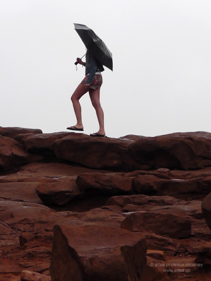foggy, arches national park, girl, umbrella, monsoon season, utah, travel, travelogue, ailsa prideaux-mooney