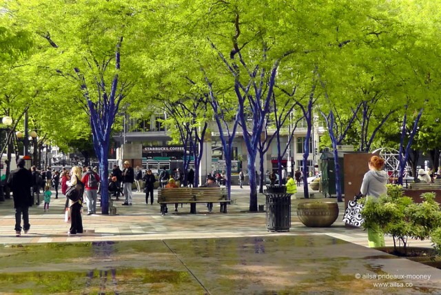 blue trees, westlake center, seattle, Konstantin Dimopoulos, travel, art, photography, ailsa prideaux-mooney, travelogue